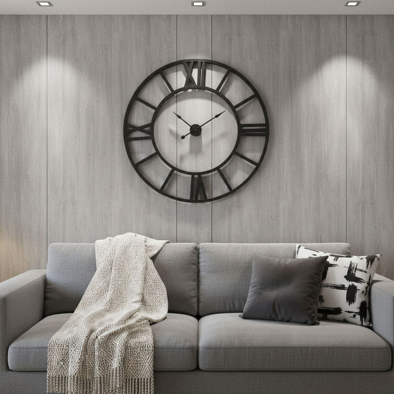 Round Xl Industrial Style Wall Clock With Open Face Desing - Black