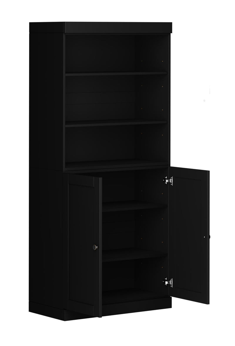 Adjustable Six Tier Library Bookcase With Two Doors - Black