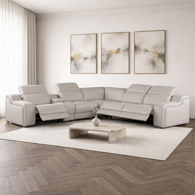 Italian Leather Power Reclining Curved Six Piece Corner Sectional With Console - Light Gray