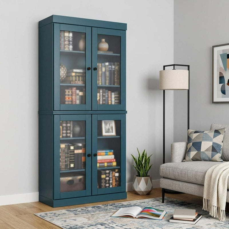 Solid Wood Adjustable Six Tier Library Bookcase With Four Doors (751355) - Teal Blue