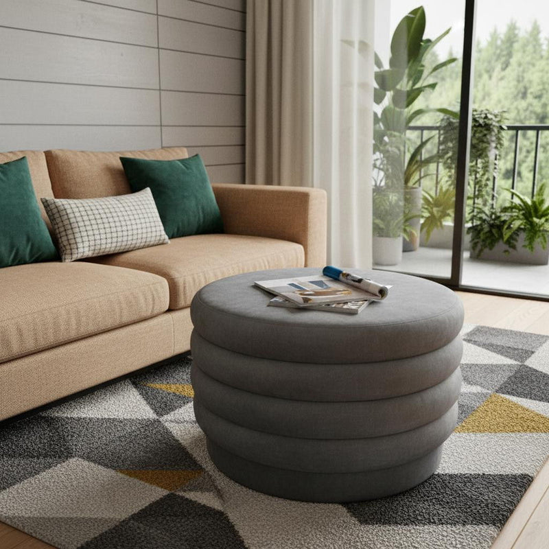 Round Velvet Tufted Cocktail Ottoman - Gray