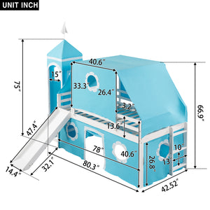 Twin Size Bunk Bed with Slide Blue Tent and Tower - Blue