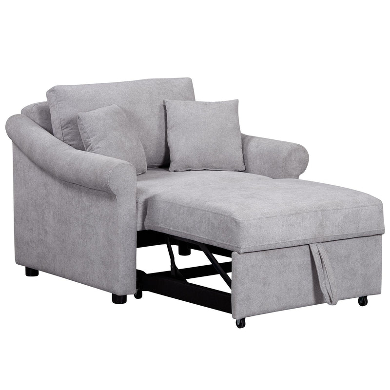Chenille And Solid Wood Convertible Chair - Gray And Natural