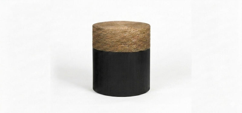 Rattan And Solid Wood Round Drum Nested Tables (Set of 2) - Beige And Black