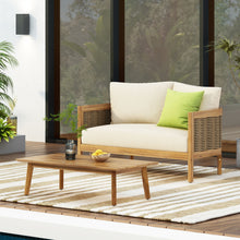 Load image into Gallery viewer, 2 - Person Outdoor Seating Group with Cushions and Coffee Table, Teak + Mixed Brown + Beige
