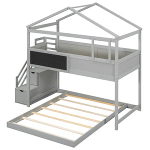 Twin over Full House Bunk Bed with Storage Staircase and Blackboard,Gray(Old SKU: GX001701AAE)