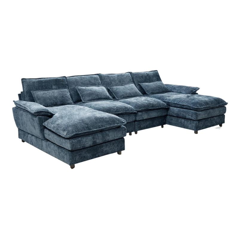 Chenille Modular U Shaped Four Piece Sofa And Chaise Sectional With Console And Toss Pillows - Blue