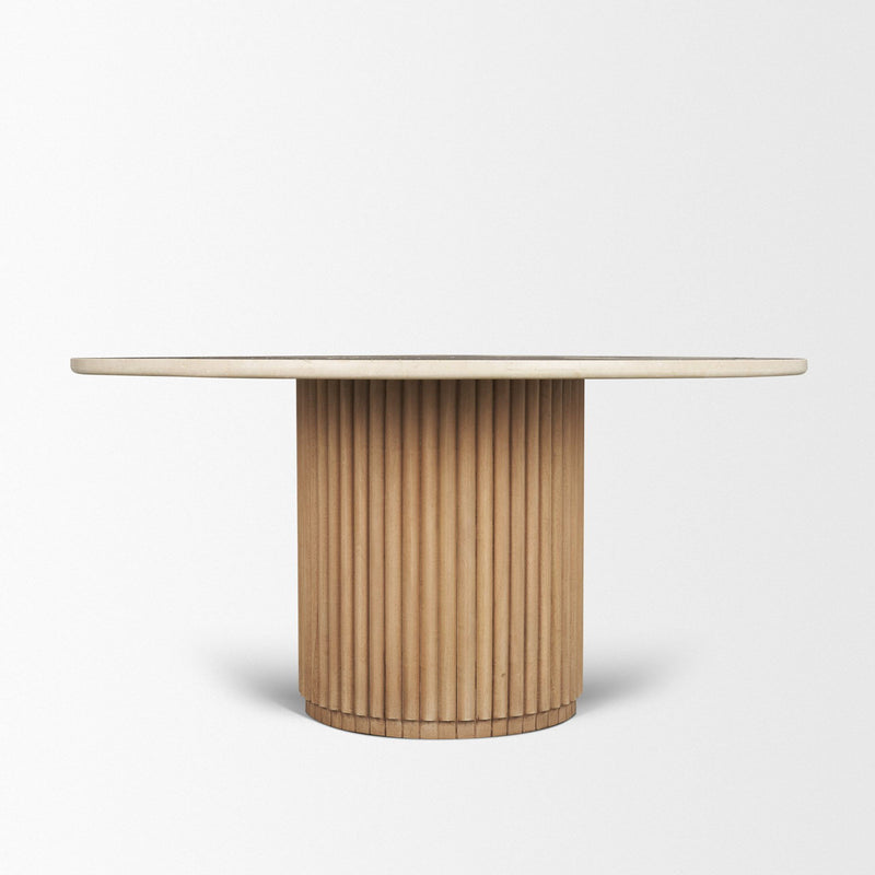 Marble Solid Wood Pedestal Base Round Top Dining Table (727902) - Beige / Brown