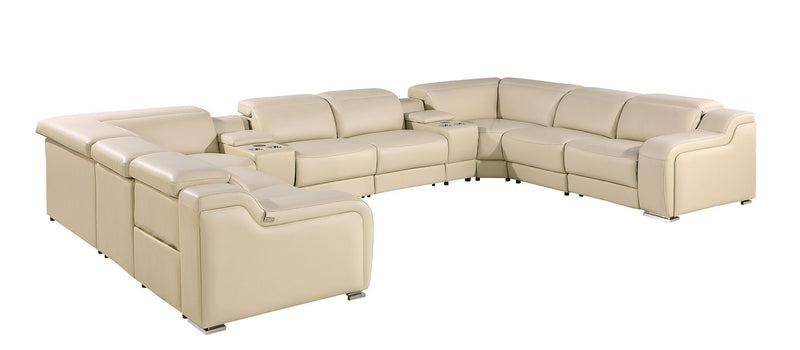 Italian Leather Power Reclining U-Shaped Ten Piece Corner Sectional With Console - Beige