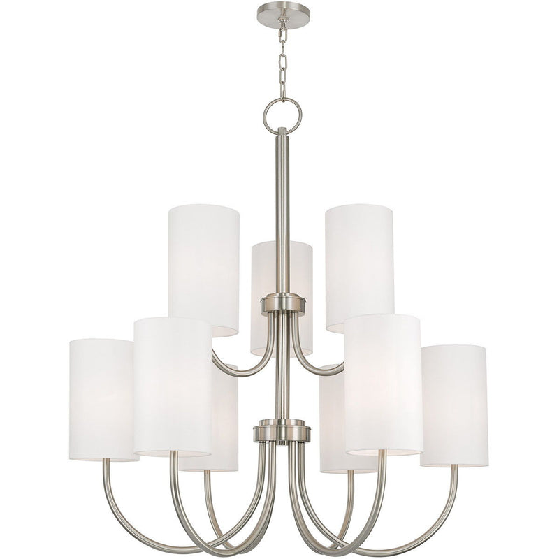49" Nine Light Metal Dimmable Chandelier With Shades - Nickel / Off White
