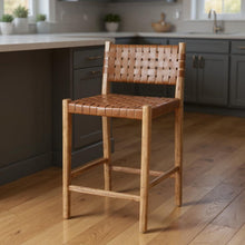 Load image into Gallery viewer, Leather And Wood Low Back Counter Height Bar Chair - Brown

