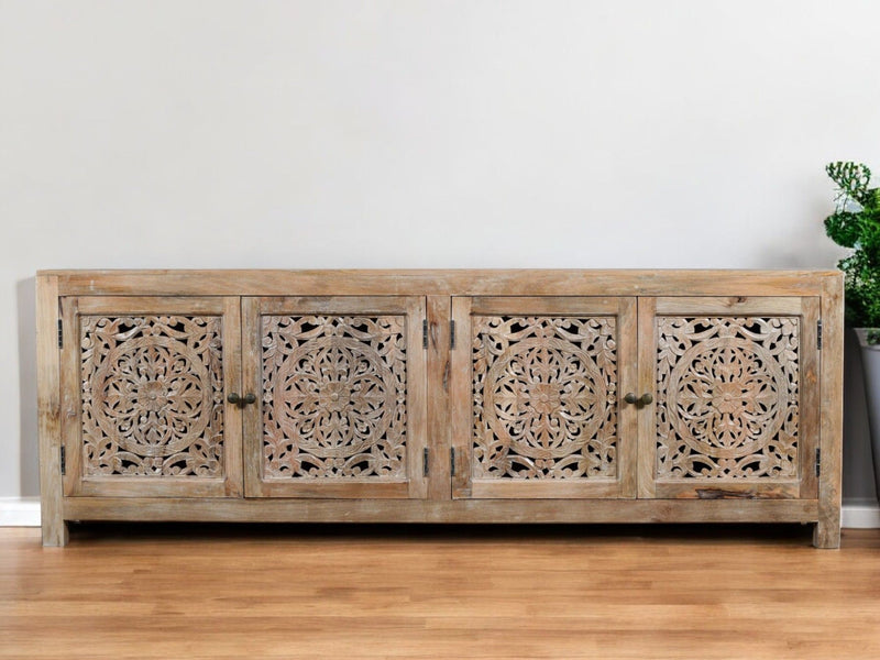 86" Carved Floral Distressed Solid Wood Enclosed Storage TV Stand - Natural