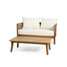 Load image into Gallery viewer, 2 - Person Outdoor Seating Group with Cushions and Coffee Table, Teak + Mixed Brown + Beige
