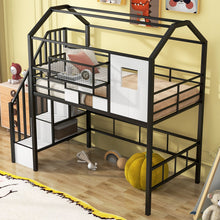 Load image into Gallery viewer, Metal Loft Bed With Roof Design And Storage Box With Guardrails And Integrated Ladder
