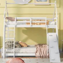 Load image into Gallery viewer, Twin over Queen House Bunk Bed with Climbing Nets and Climbing Ramp, White
