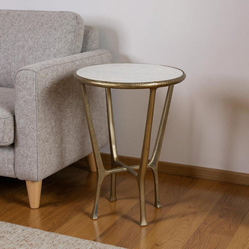 23" Distressed Marble And Aluminum Round End Table - Gold