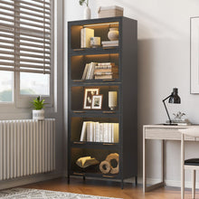 Load image into Gallery viewer, Modern Steel Display Cabinet With Glass Doors And LED Lights, 5 Tier Steel Barrister Bookcase For Home Or Office - Black
