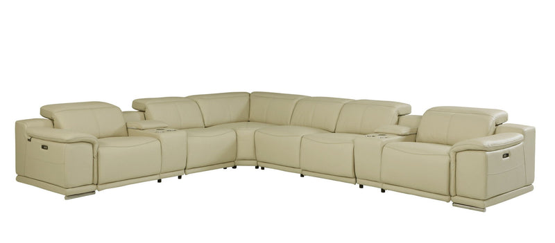 Italian Leather Power Reclining Eight Piece Corner Sectional With Console - Beige