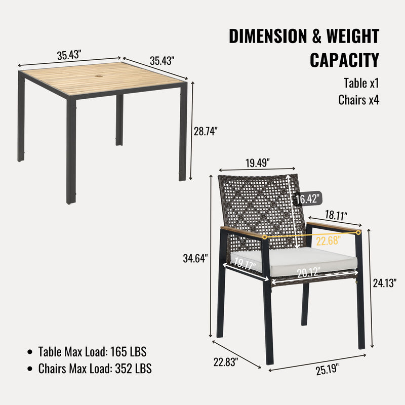 5 Piece Patio Dining Table Set, Acacia Wood Table Top With Umbrella Hole