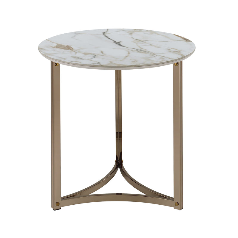 Stone And Metal Round Frame End Table - White / Champagne
