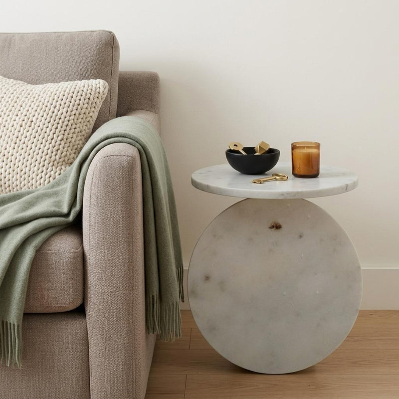 Marble Round Pedestal End Table - White / Gold / White