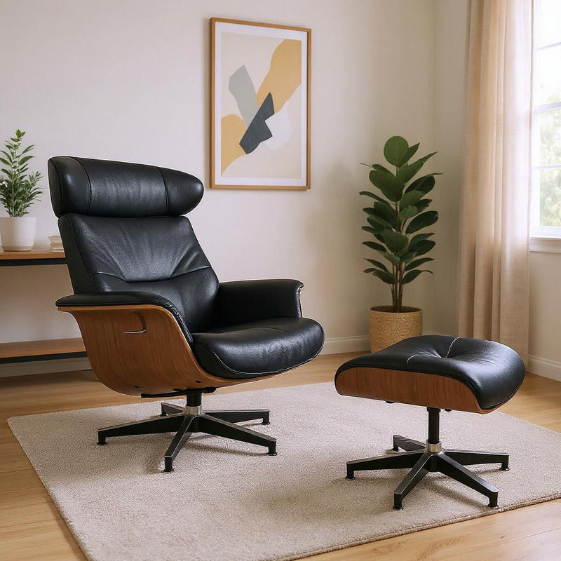 Tufted Genuine Leather Stainless Steel Lounge Chair With Ottoman - Black / Walnut