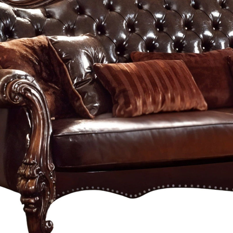 Faux Leather Sofa And Toss Pillows With Cherry Blossom Pink Legs - Brown