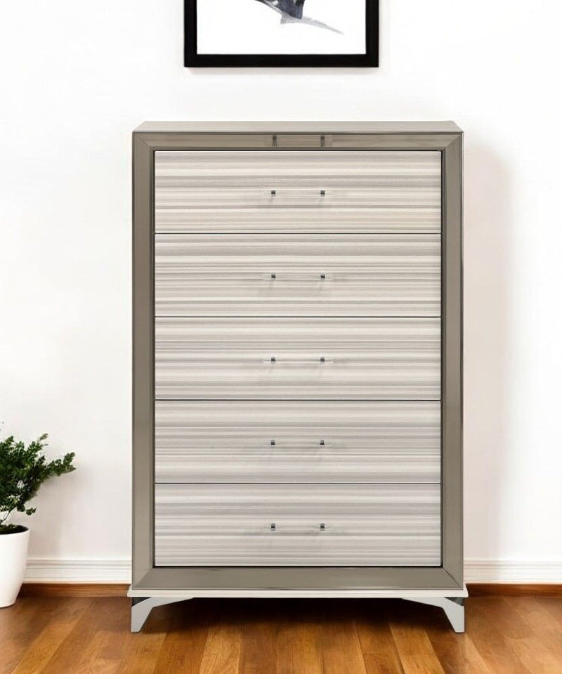 53" Wood Lighted Five Drawer Dresser - Beige And White