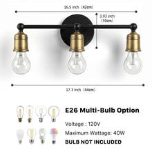 Load image into Gallery viewer, 3 Light Wall Sconce, Vanity Light, No Bulbs Included - Black / Gold
