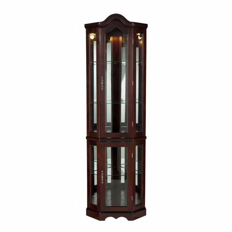 Scallop Top Lighted Corner Curio Cabinet - Dark Brown