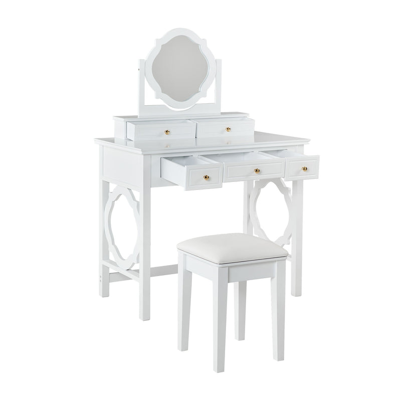 Wood Mirrored Five Drawer Vanity Table - White