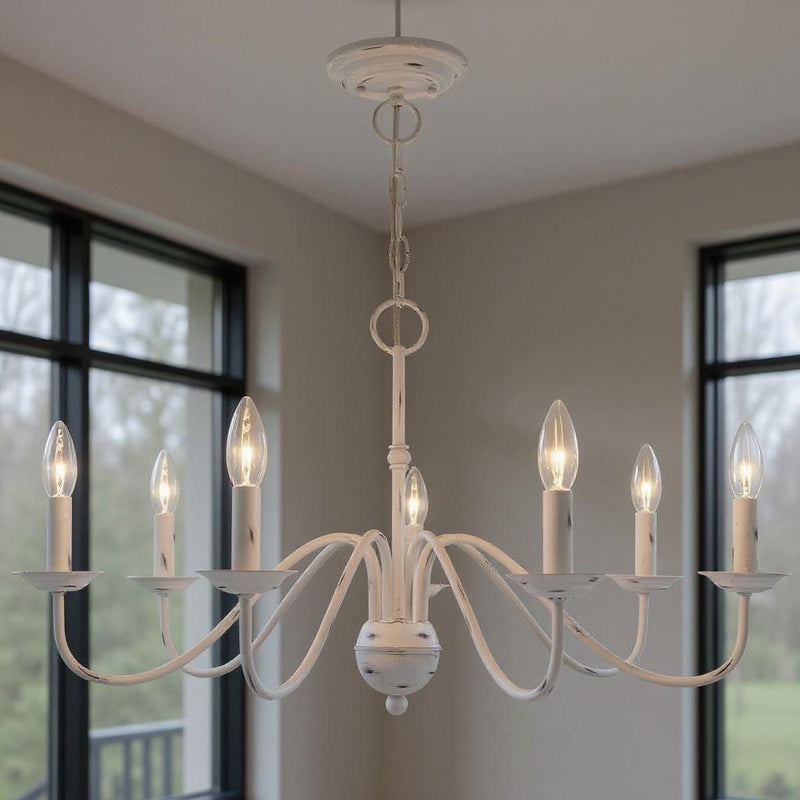 Seven Light Dimmable Chandelier With Shades - Antiqued White