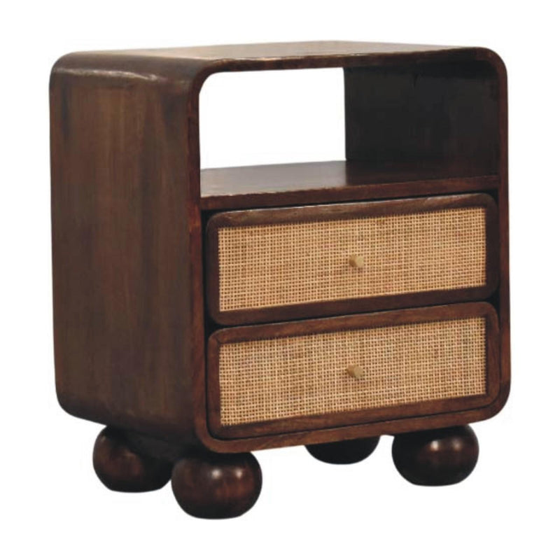 Solid Wood Cane Rattan Two Drawer Nightstand - Walnut