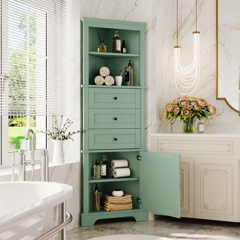 Tall Storage Cabinet With 3 Drawers And Adjustable Shelves For Bathroom