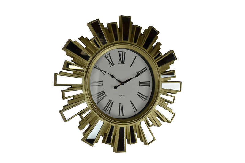 Mirrored Heavy Duty Plastic Silent Analog Sunburst Wall Clock - Gold / Gold / White
