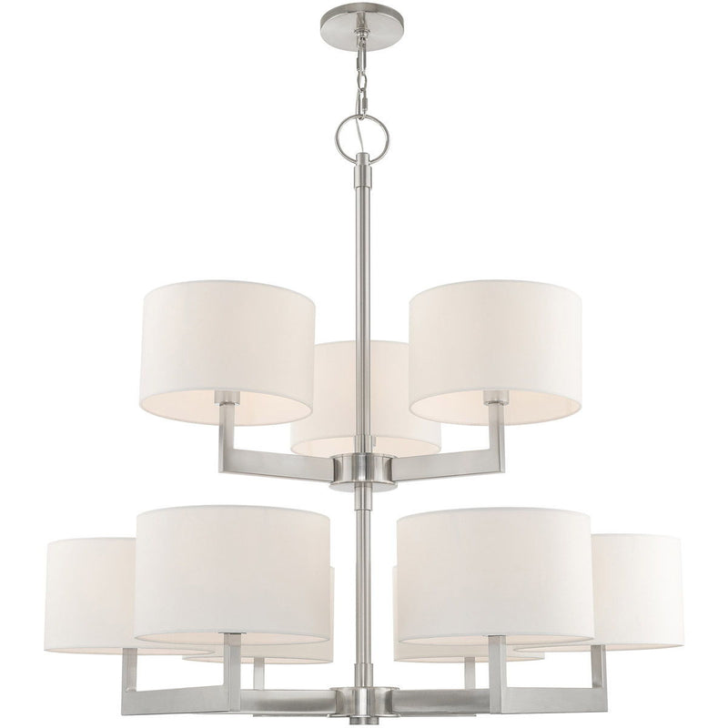 43" Nine Light Metal Dimmable Chandelier With Shades - Nickel / Off White