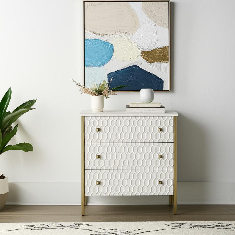 32" Wood And Metal Carved Geometric Accent Cabinet With Three Drawers - Gold / White