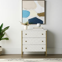 Load image into Gallery viewer, 32" Wood And Metal Carved Geometric Accent Cabinet With Three Drawers - Gold / White
