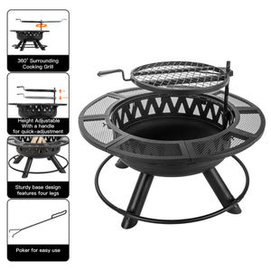 36〞Fire Pit for Outside Wood Burning Fire Pit Tables with Metal Lid,BBQ Net Black