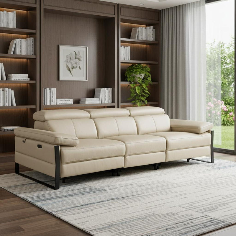 Top Grain Leather Reclining Metal USB Sofa (720335) - Beige
