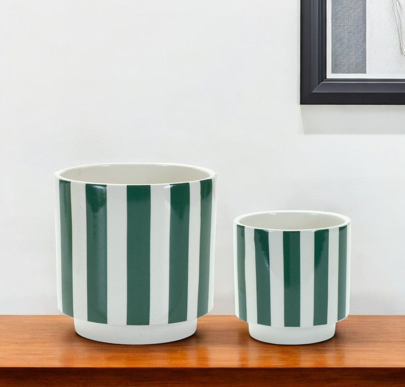 Dolomite Striped Round Pot Planters (Set of 2) - Green / White