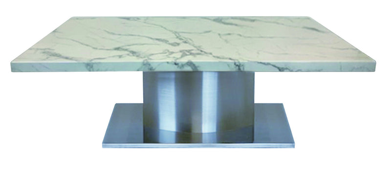 51" Genuine Marble And Stainless Steel Pedestal Coffee Table - White And Silver