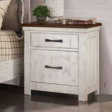 Load image into Gallery viewer, 2 Drawer Nightstand With Brass Arch Pulls, Bedroom Furniture - Brown / Distressed White / Walnut
