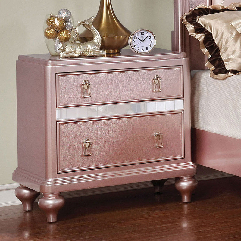 Nightstand With Mirror Accent Panels, 2 Drawer Design - Rose Gold