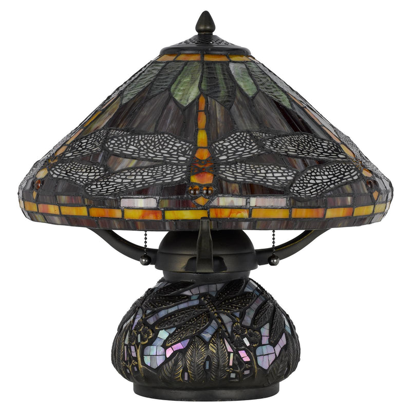 Dragonfly Two Light Round Animals Tiffany Lamp With Empire Shade - Orange And Bronze