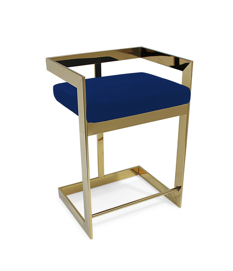 30" Metal And Velvet Low Back Bar Height Bar Chair - Blue / Gold
