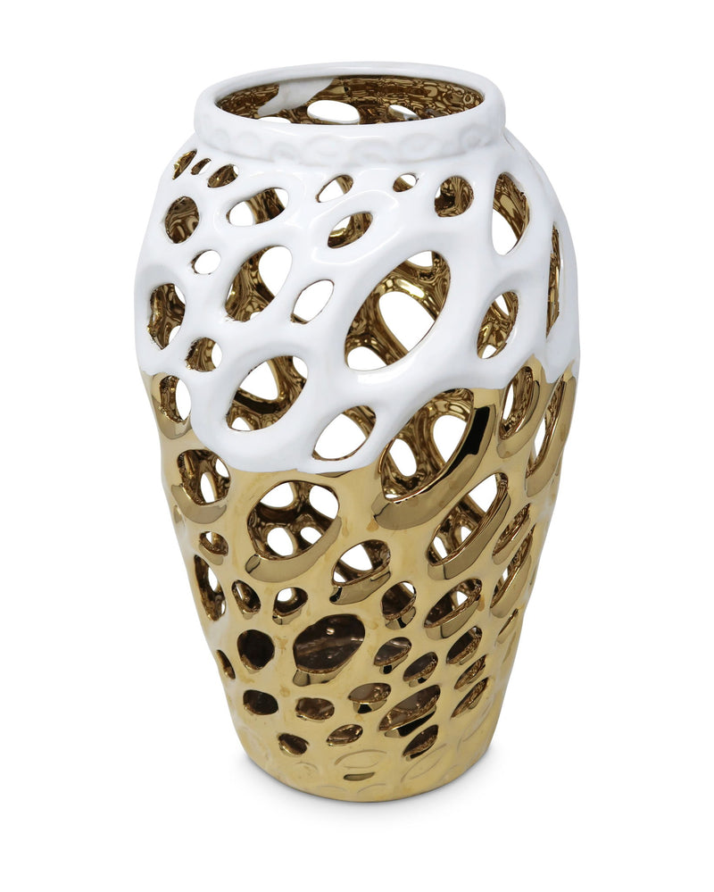 Pierced Urn Porcelain Table Vase With Sculptural Details - Gold / White