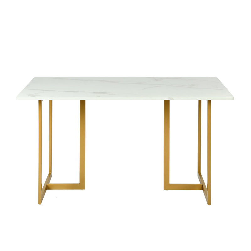 White And Faux Marble And Iron Sled Base Dining Table - Gold