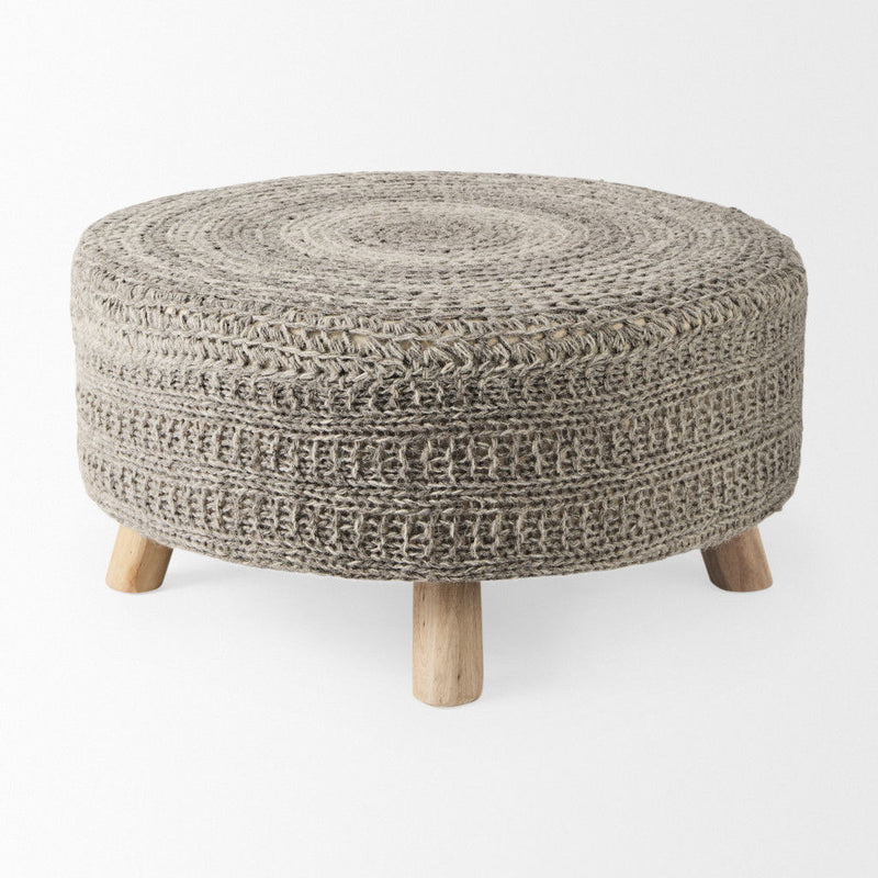 Wool Round Pouf Ottoman - Gray / Brown