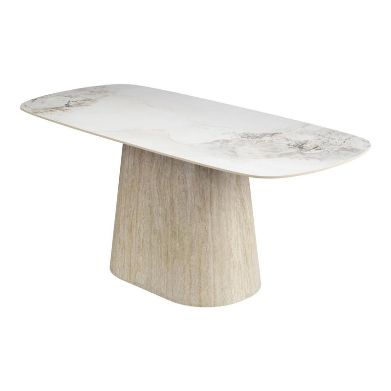 Sintered Stone And Wood Pedestal Base Dining Table - White And Natural